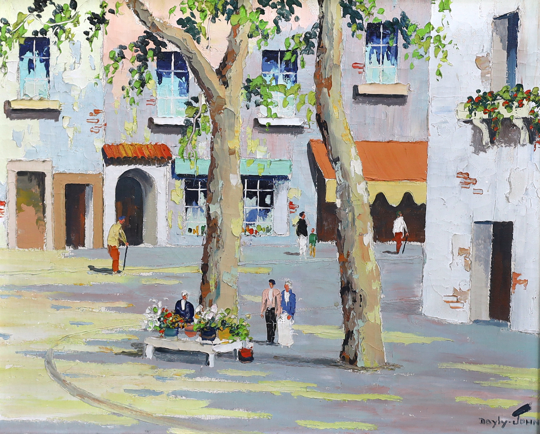 Cecil Rochfort D'Oyly John (English, 1906–1993), French Mediterranean town square with flower seller, oil on canvas, 42 x 52cm